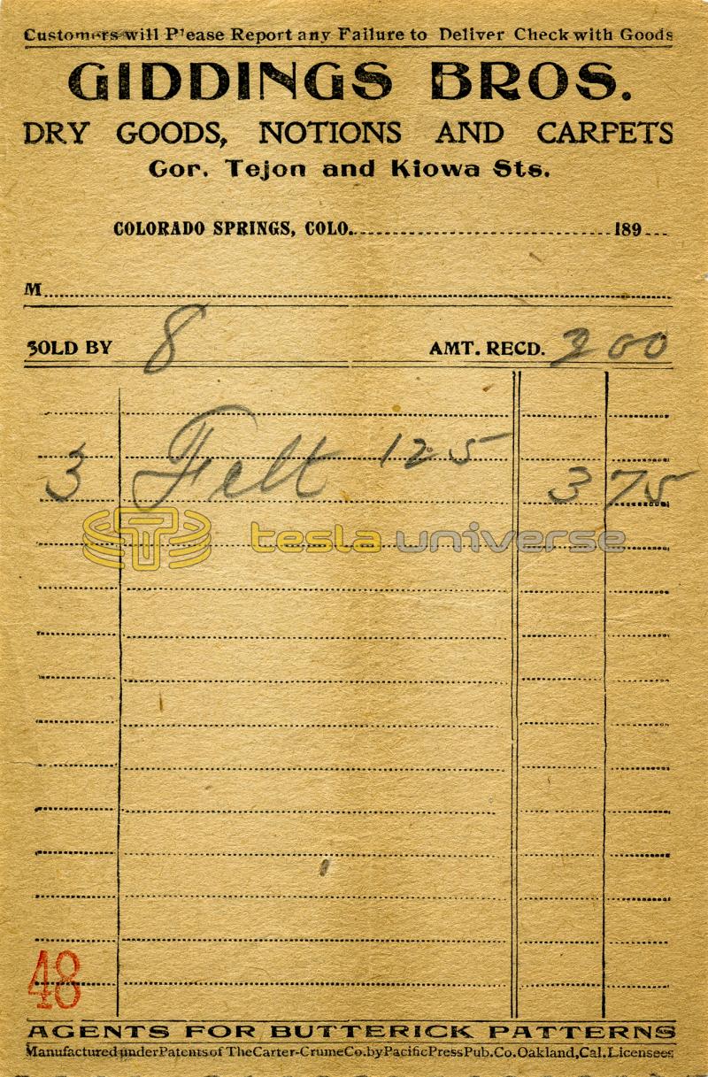 Nikola Tesla receipt from Colorado Springs