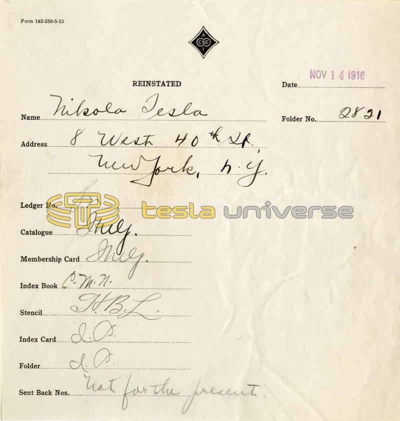 Nikola Tesla AIEE Member File - Page 1