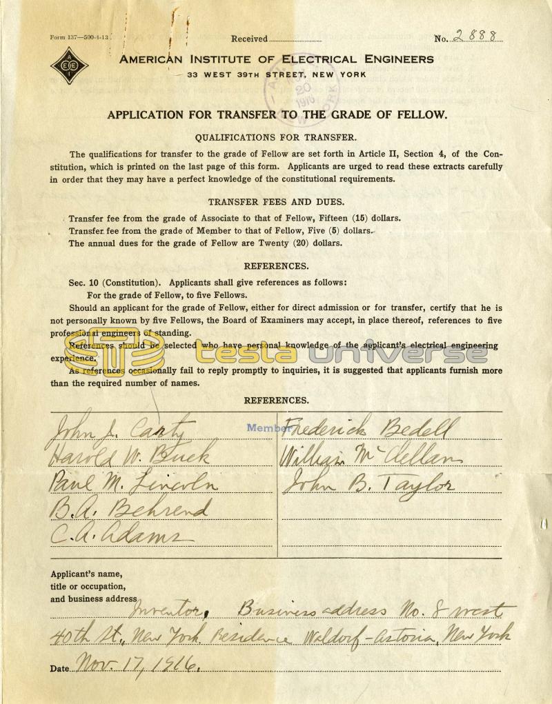 Nikola Tesla AIEE Fellowship Application - Page 1