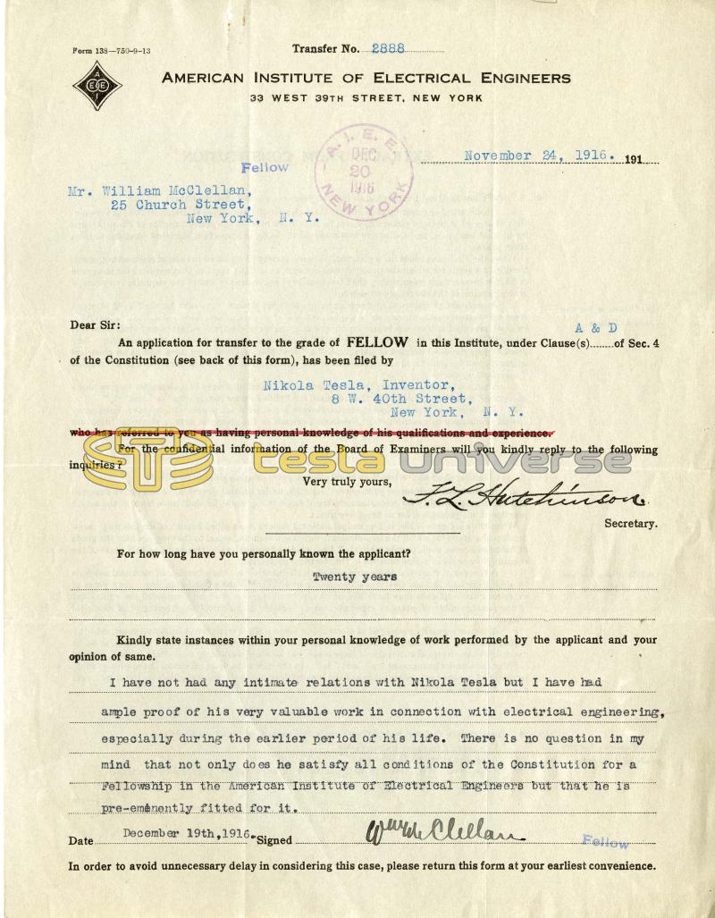 Nikola Tesla AIEE Fellowship References - Page 1