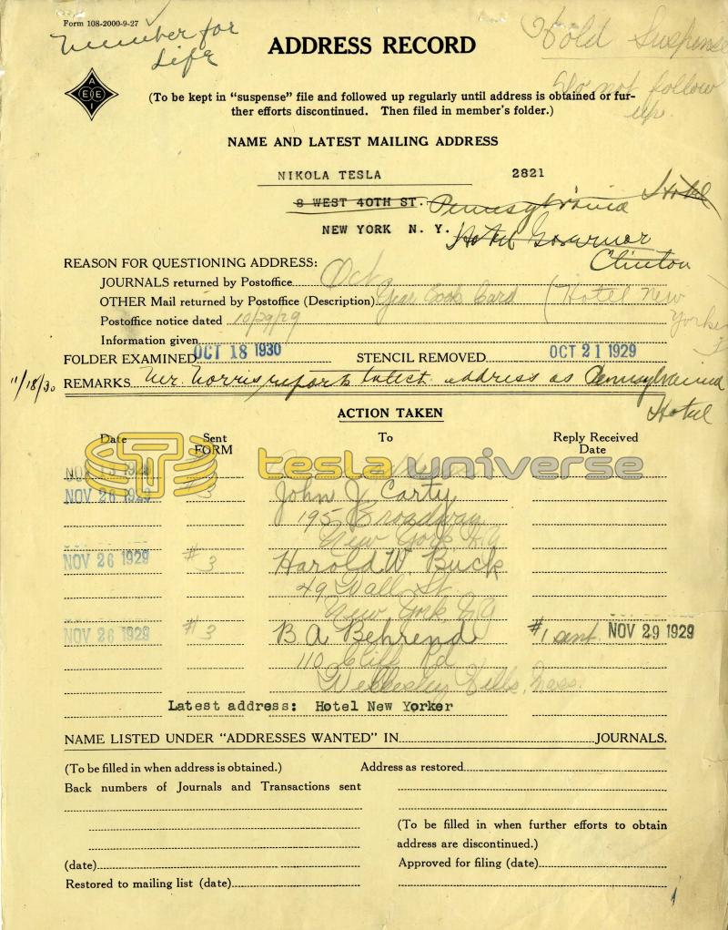 AIEE Address Record for Nikola Tesla