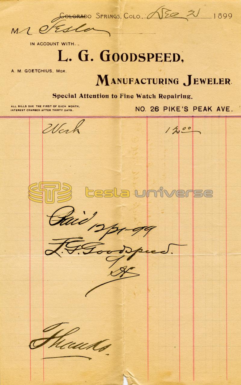 Nikola Tesla receipt from Colorado Springs