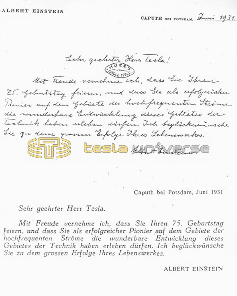 June 1931 letter from Albert Einstein to Nikola Tesla.