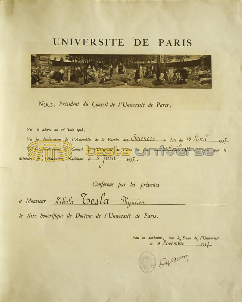 Certificate of Dr. Honoris Causa awarded to Tesla from the University of Paris