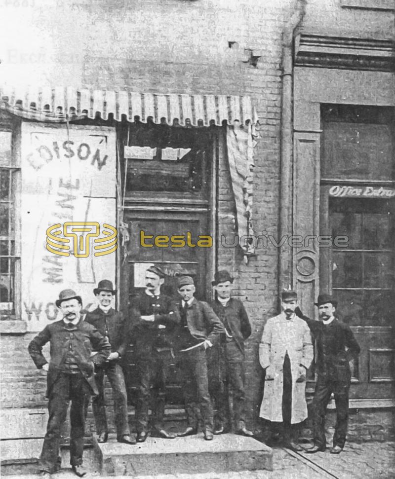 Workers standing outside the Edison Machine Works building in New York
