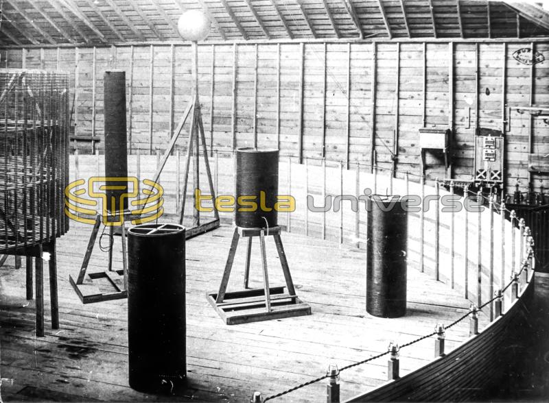 Interior of Tesla's Colorado Springs lab showing small coils inside large oscillator