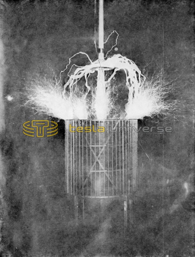 Sparks fly from multiple breakout points attached to Tesla's extra coil in his Colorado Springs lab