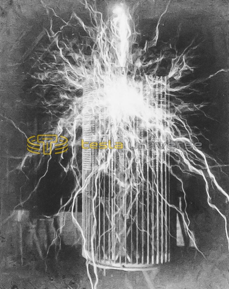 Massive arcs emitting from the extra coil" of Tesla's Colorado Springs experimental station