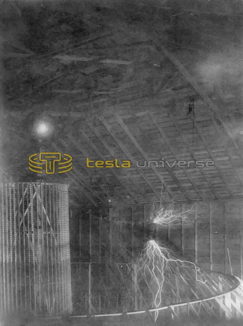 Tesla's Colorado Springs oscillator at low power and ceiling detail of lab