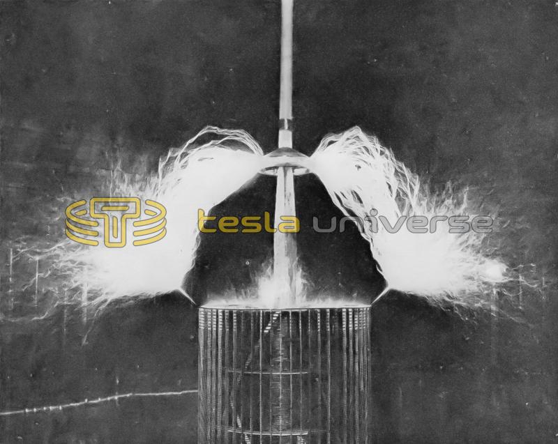 Tesla Colorado Springs extra coil discharge issuing from two diametrically opposite wires