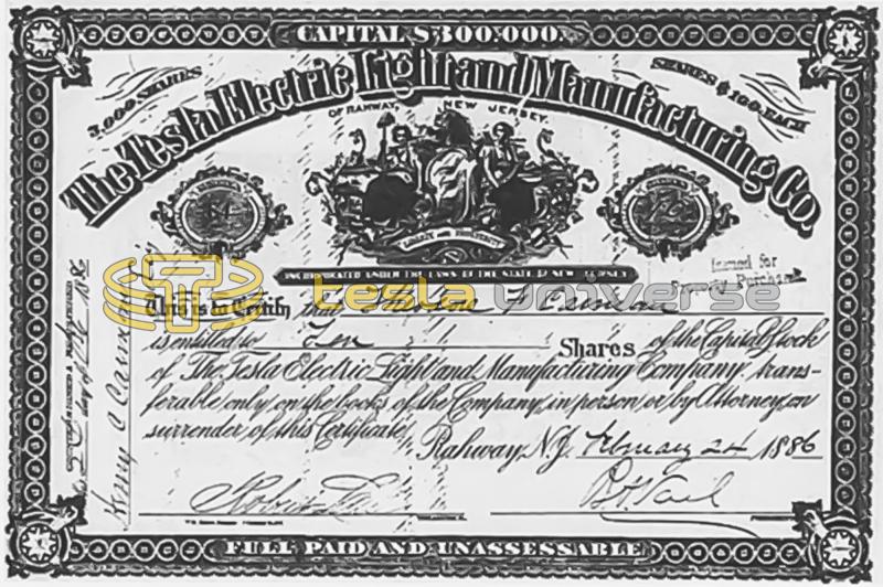 A stock certificate from the Tesla Electric Light Company