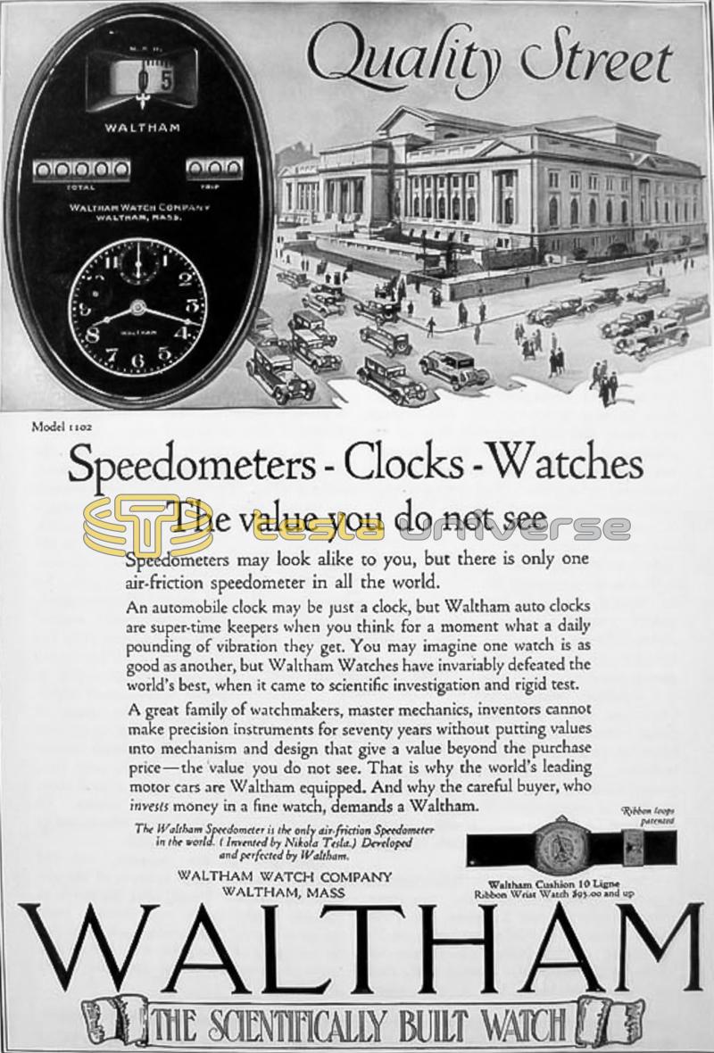 A Waltham Company advertisement featuring the Tesla speedometer