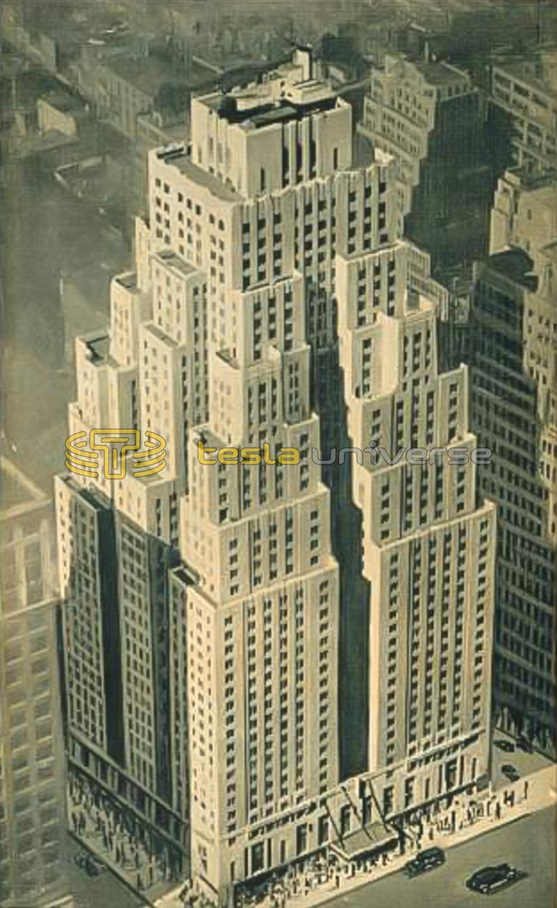 An aerial view of the Hotel New Yorker, Tesla's home for his final years