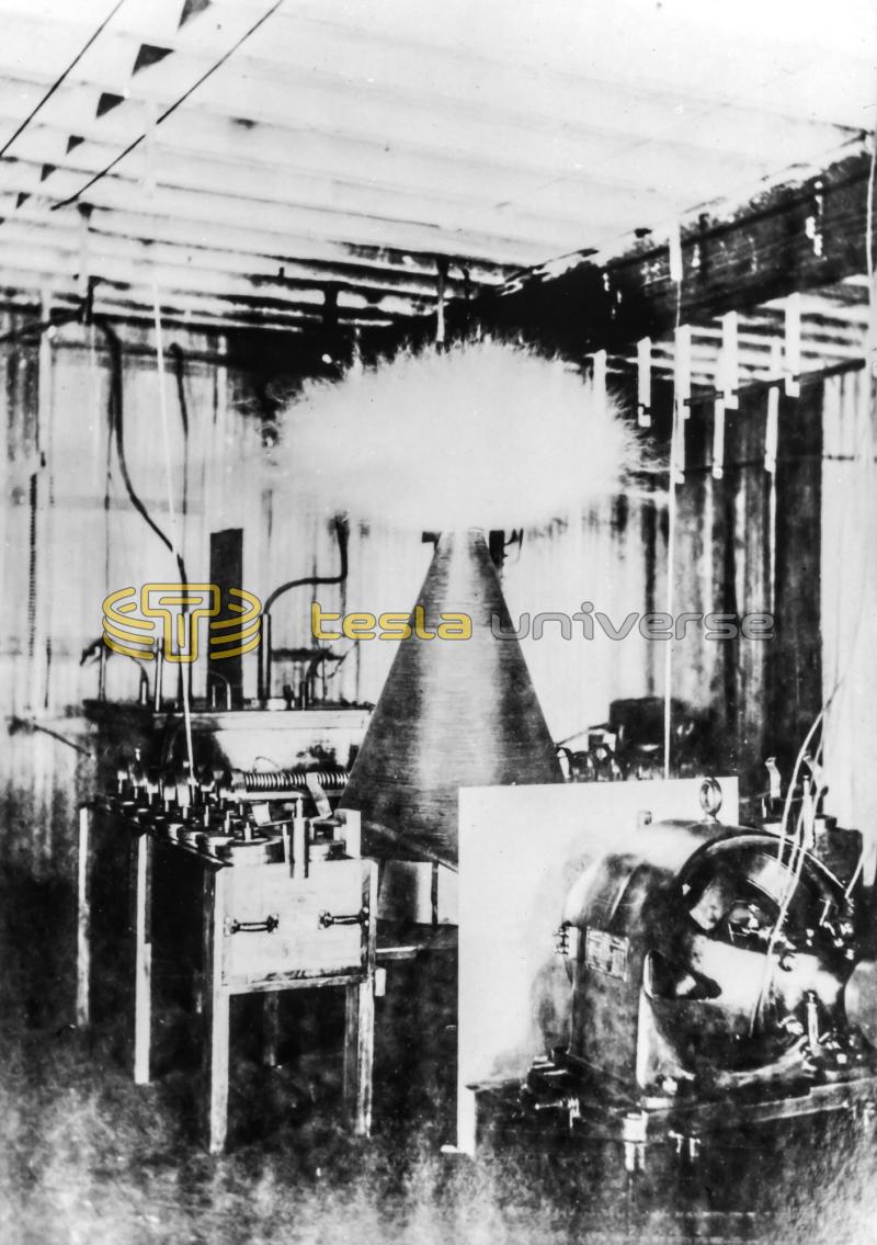 The earliest known photo of a Tesla coil in Tesla's 5th Ave. New York lab