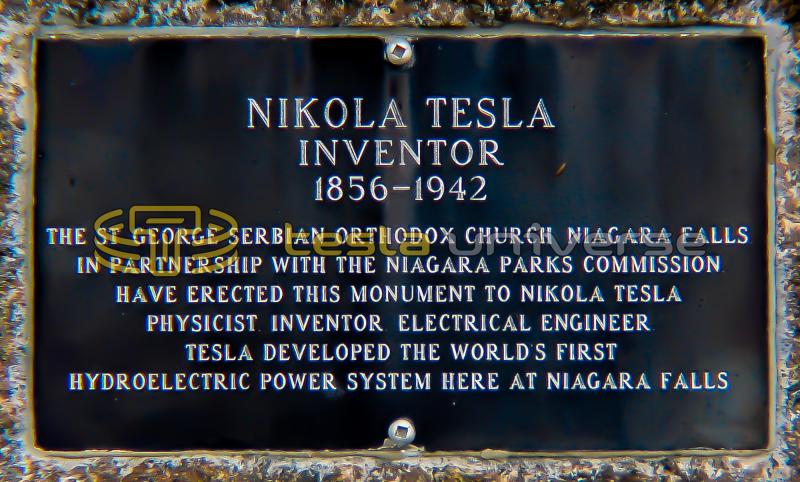 The plaque on the base of the Queen Victoria Park Tesla statue