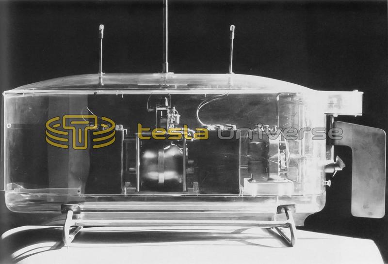 A translucent replica of Tesla's remote-controlled boat displayed in the Nikola Tesla Museum, Belgrade, Serbia