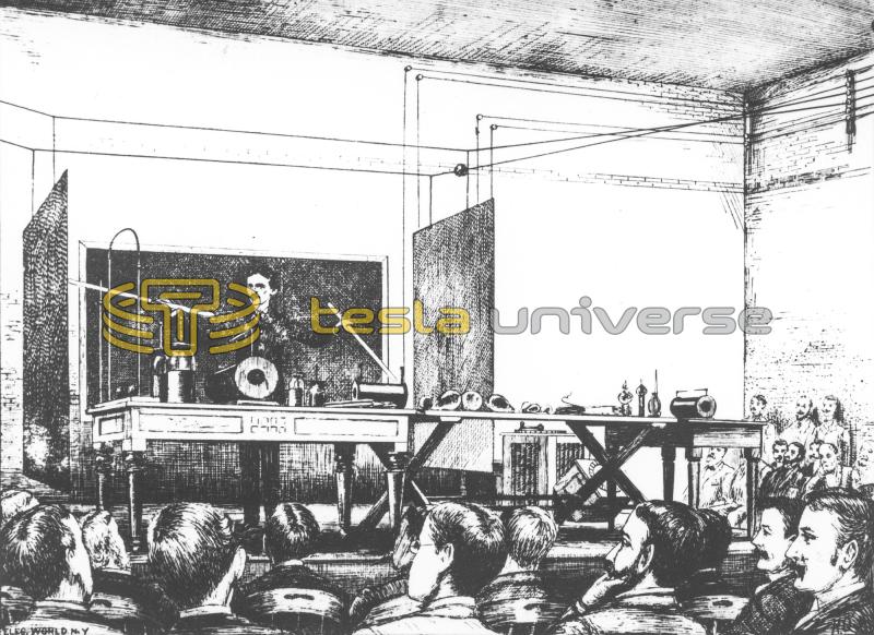 Illustration of Tesla giving his lecture before the AIEE
