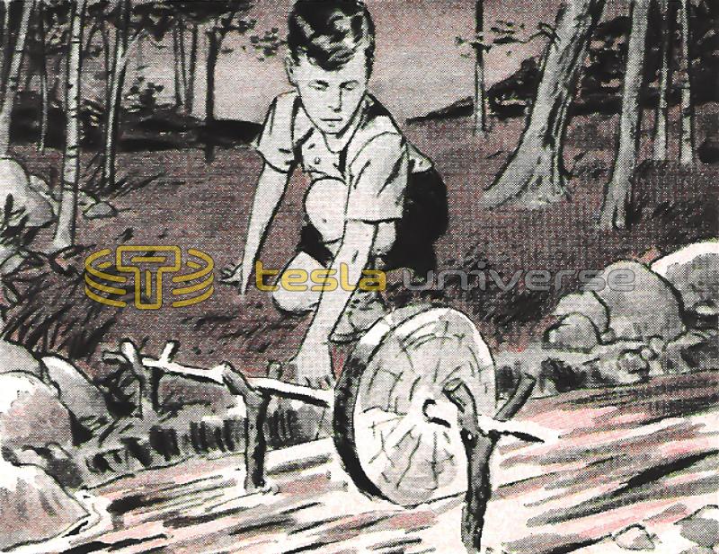 Illustration of Nikola Tesla as a child playing in the stream near his birthplace