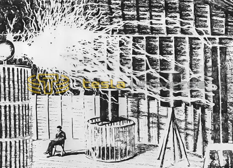 Nikola Tesla relaxes below a flamelike electric discharge from a tuned helix