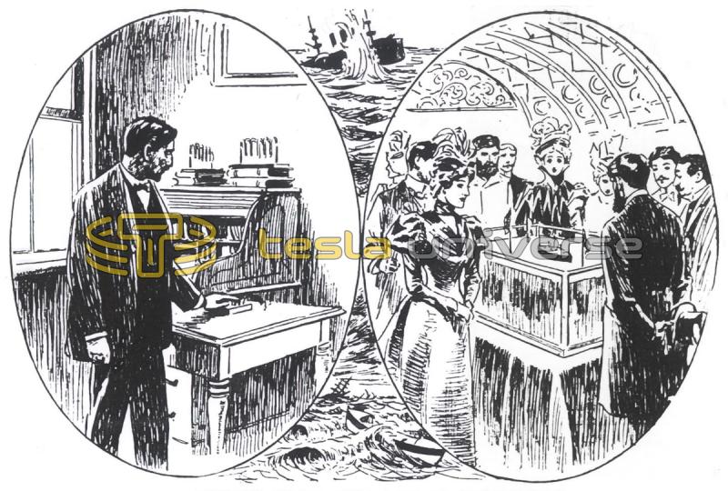 Illustration of Nikola Tesla operating his remote-controlled boat