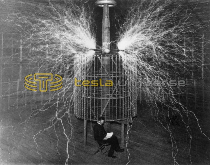 Nikola Tesla seated inside his Colorado Springs oscillator while giant sparks leap around him