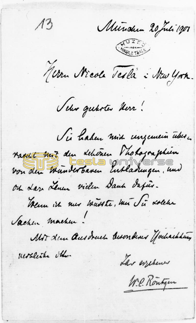 Letter from Roentgen to Tesla thanking him for photos