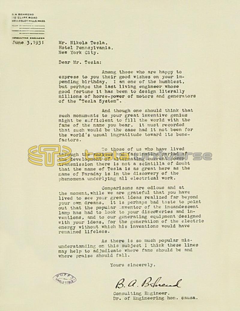June 3rd, 1931 letter from B.A. Behrend to Nikola Tesla