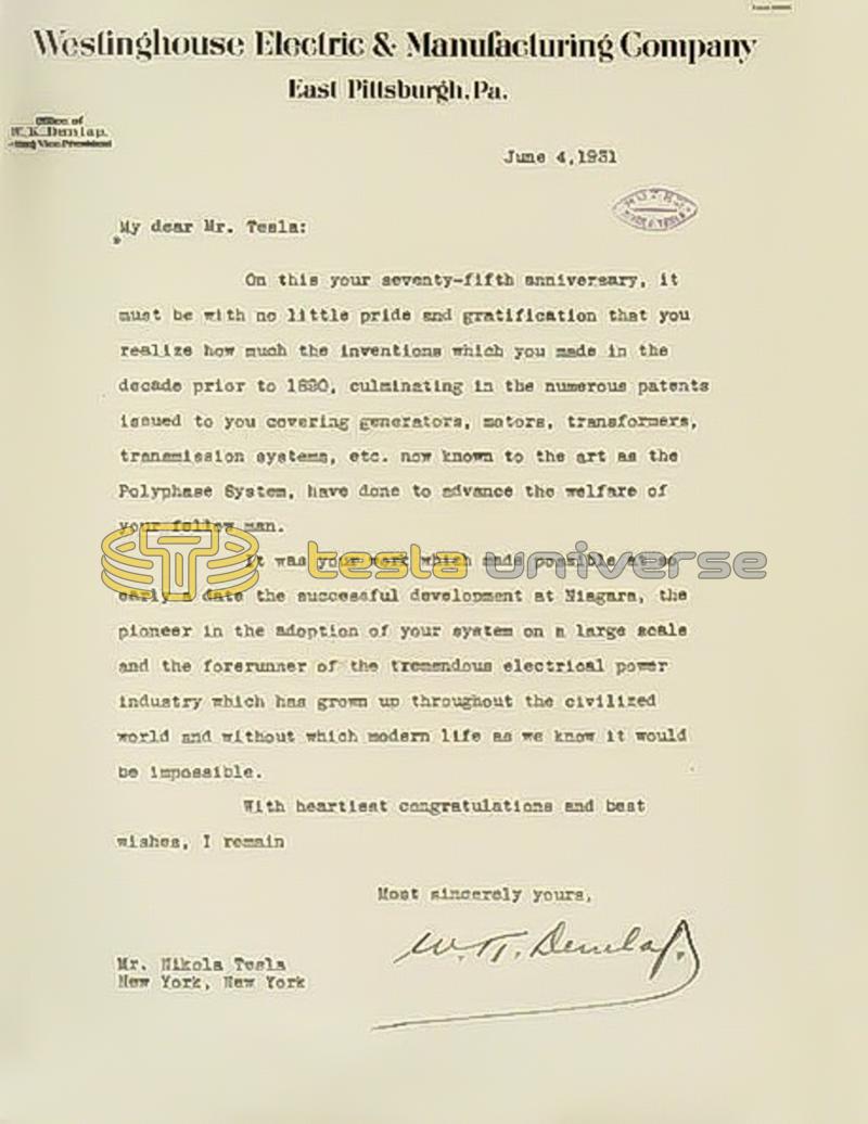 June 4th, 1931 letter from W.K. Dunlap to Nikola Tesla