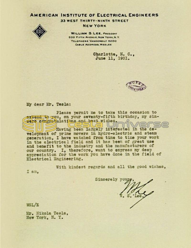 June 11, 1931 letter from William S. Lee to Nikola Tesla