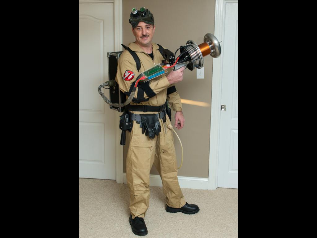 Cameron Prince in Ghostbuster costume with the Tesla gun