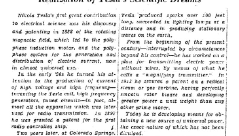 Preview of Realization of Tesla's Scientific Dreams article