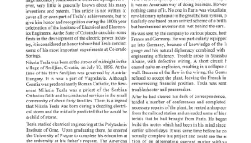 Preview of Nikola Tesla - Electrical Genius - His Work in Colorado article