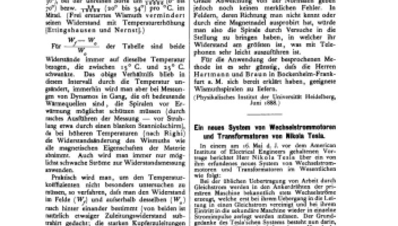 Preview of Ein neues System von Wechselstrommotoren und Transformatoren von Nikola Tesla article