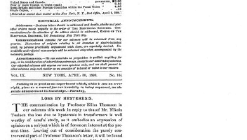 Preview of Loss by Hysteresis - A reply to Nikola Tesla by Elihu Thomson article