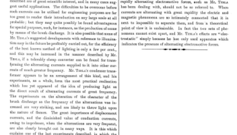 Preview of Notes on Mr. Tesla's Lecture on Alternating Currents of Very High Frequency article