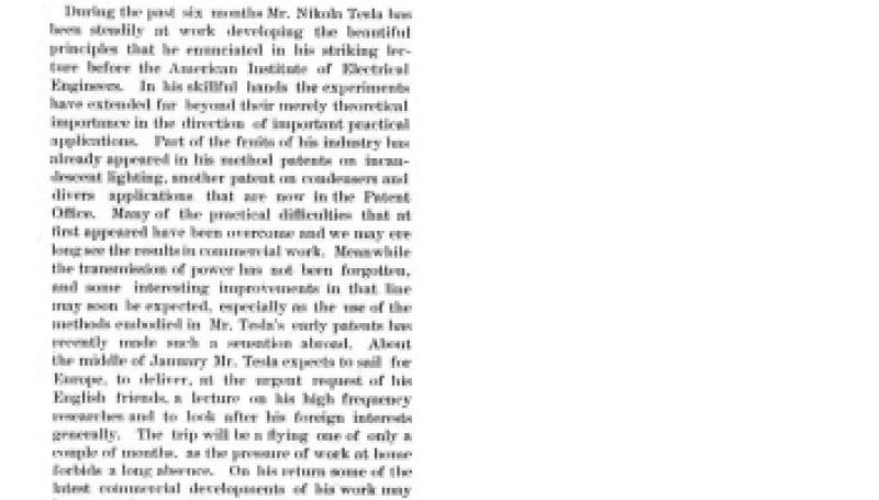 Preview of Progress of Mr. Tesla's High Frequency Work article