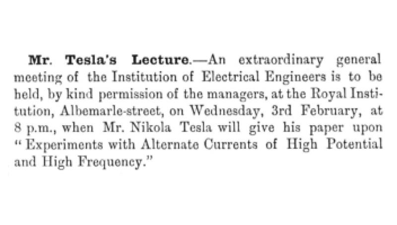 Preview of Mr. Tesla to Lecture at the General Meeting of the Institution of Electrical Engineers article