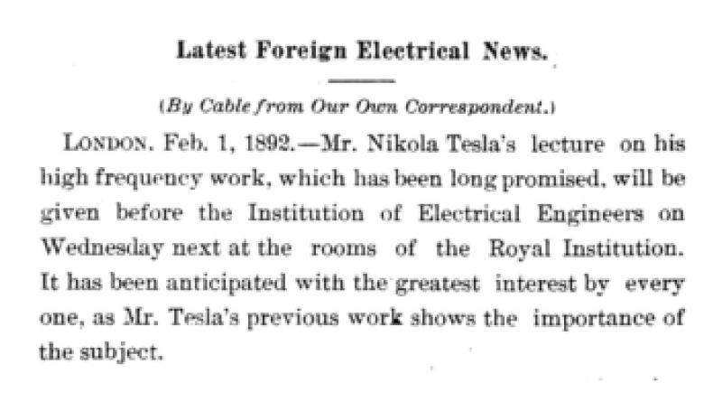 Preview of Announcement of Tesla Lecture at the Royal Institution article