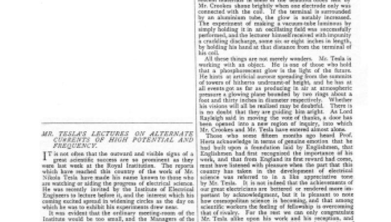 Preview of Mr. Tesla's Lectures on Alternate Currents of High Potential and Frequency article