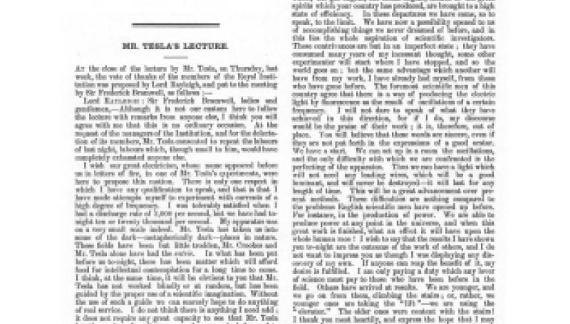 Preview of Mr. Tesla's Lecture at the Royal Institution article