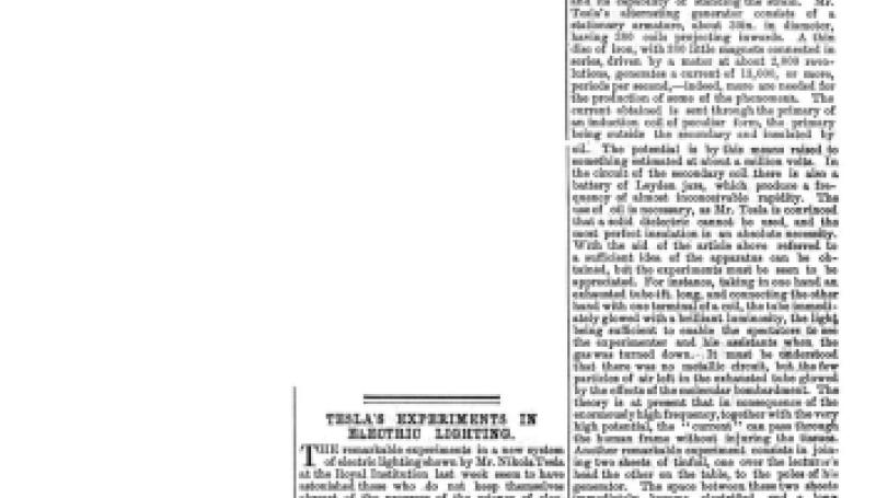 Preview of Tesla's Experiments in Electric Lighting article