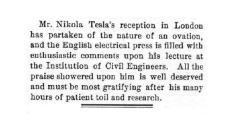 Preview of Announcement Regarding Nikola Tesla's Reception in London article