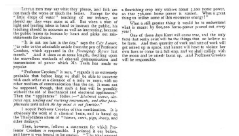 Preview of Prof. Crookes on Tesla's Ethereal Communication and Transmission of Power article