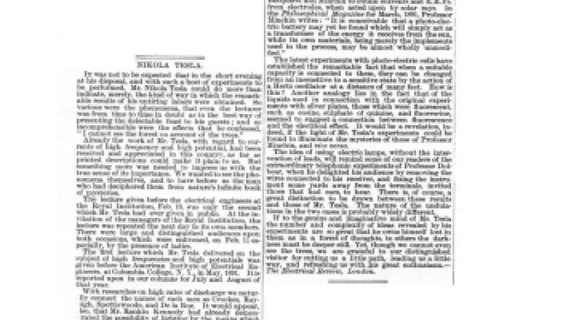 Preview of Nikola Tesla - Notes on Recent Lectures and Experiments article