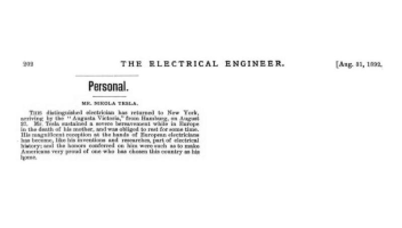 Preview of Personal - Mr. Nikola Tesla (Relating to the death of Tesla's mother) article