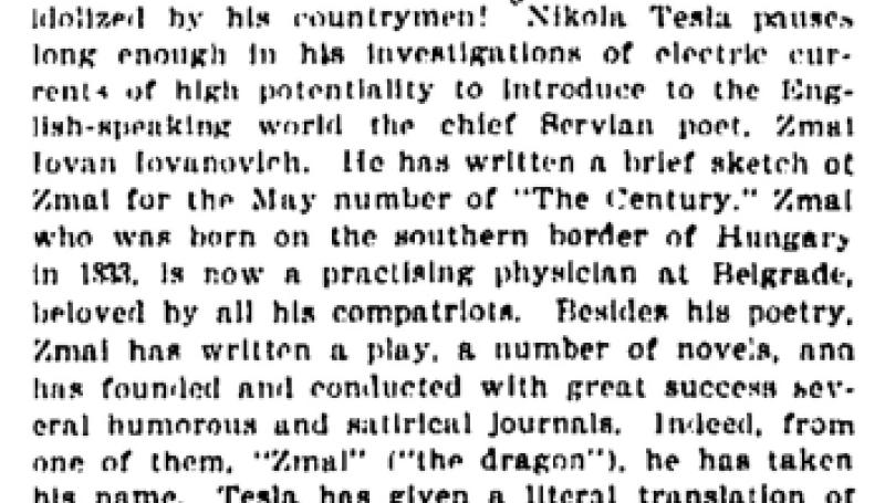 Preview of Nikola Tesla Introduces the Servian Chief Poet  article