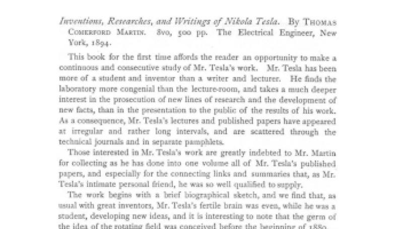 Preview of Inventions, Researches, and Writings of Nikola Tesla - Review article