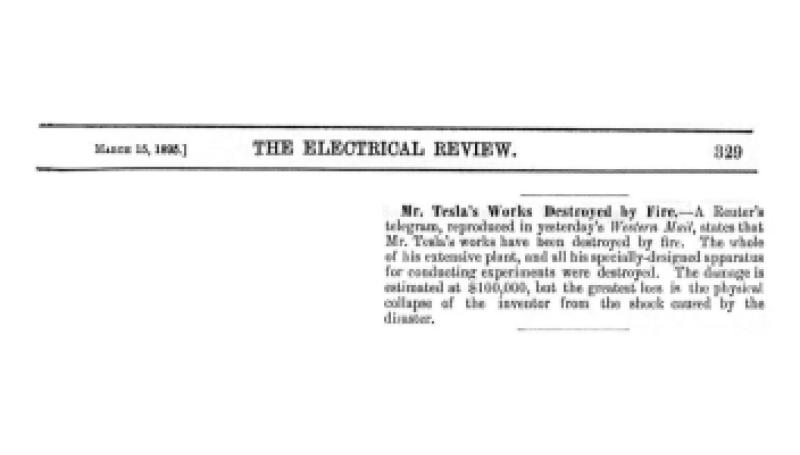 Preview of Mr. Tesla's Works Destroyed by Fire article
