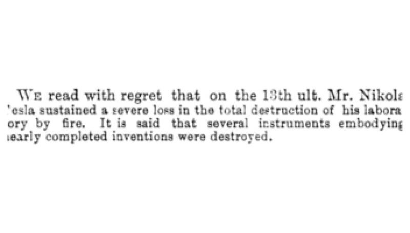 Preview of Announcement of Fire at Nikola Tesla's Laboratory article