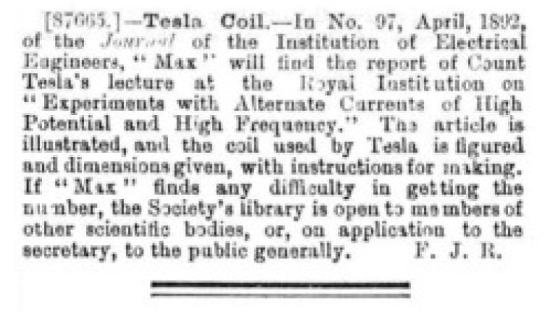 Preview of Tesla Coil - Information on Coil Used by Tesla in his Lectures article